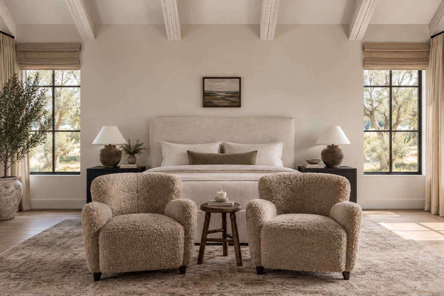 Serene, editorially designed Scottsdale bedroom with olive-grove views