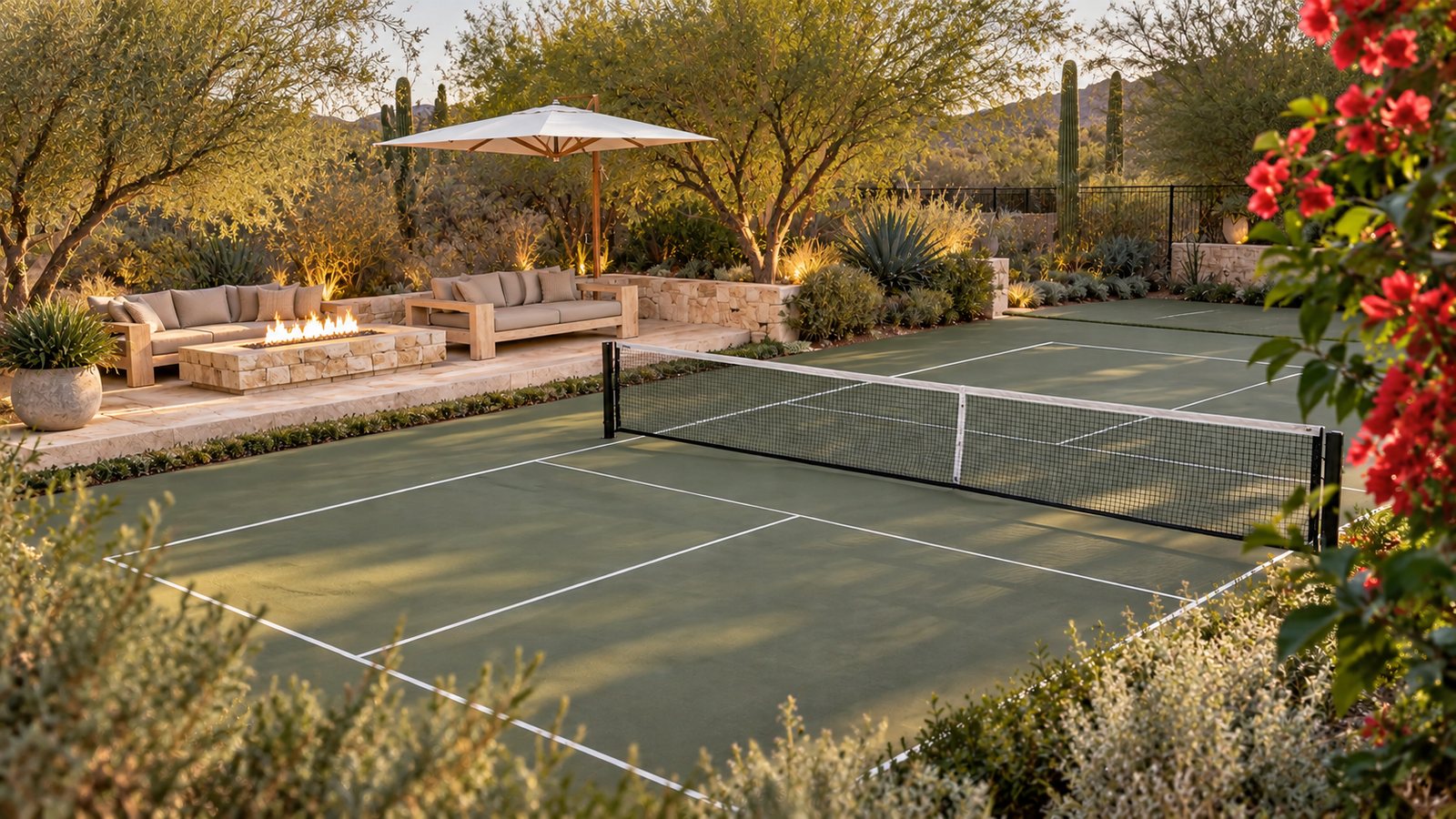 Private sport court and fire-pit lounge at a Scottsdale short-term rental at sunset