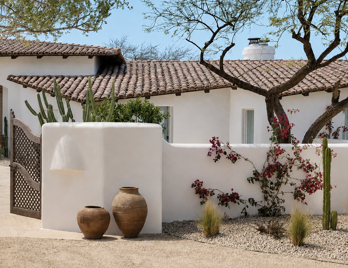 Scottsdale Spanish-style luxury home with tile roof and olive-tree courtyard