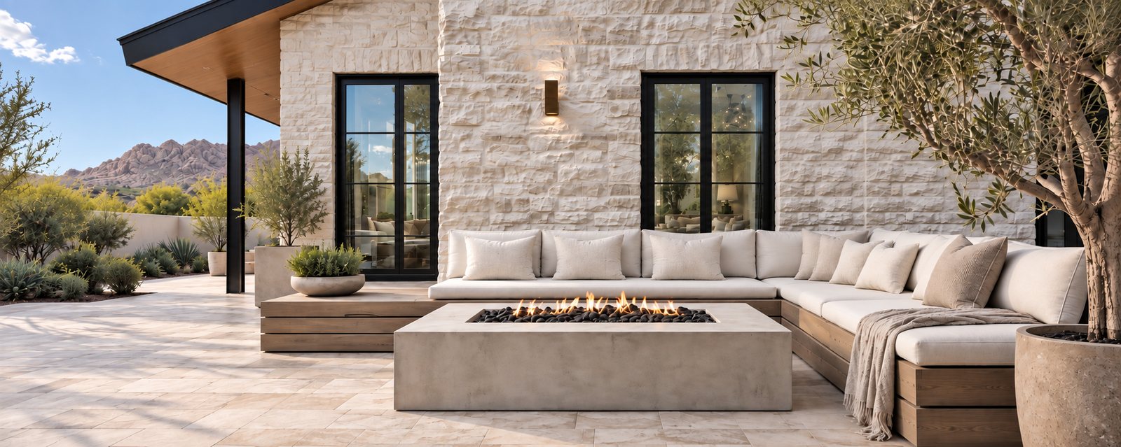 Outdoor living — stone patio with fire pit and built-in seating